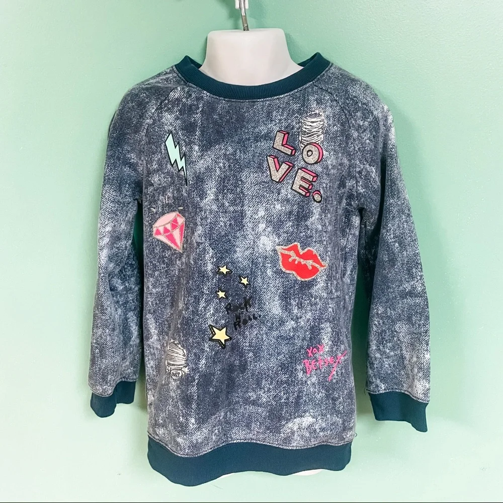 Betsey Johnson Blue Graffiti Embellished Long Sleeve Crewneck Sweater Girls 6